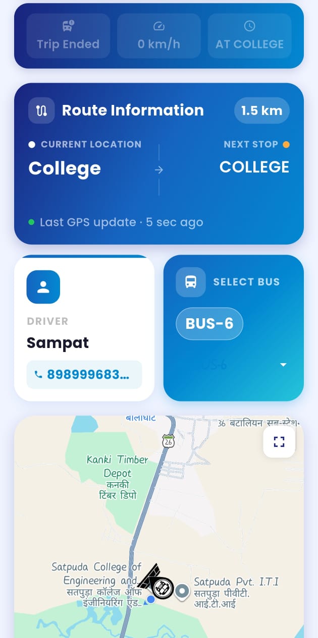 Student dashboard with live bus tracking